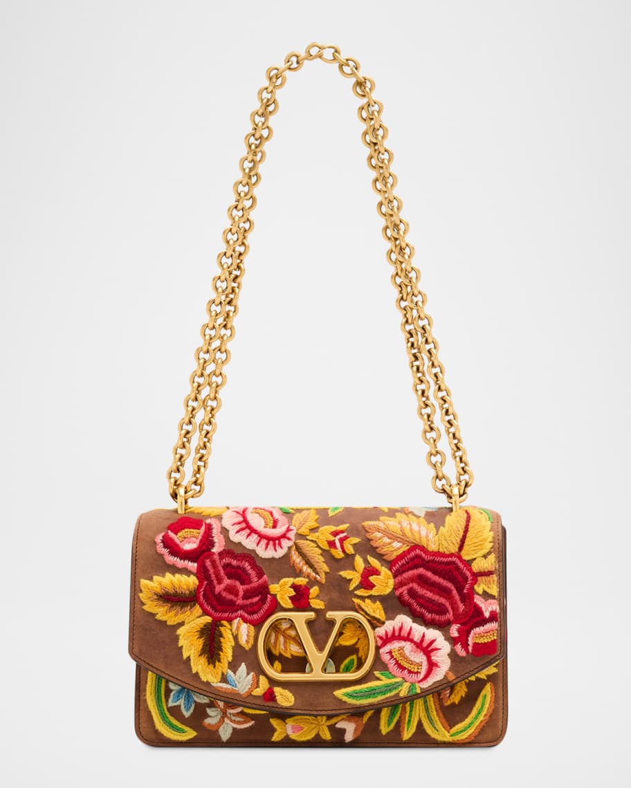 Valentino Garavani Vain Medium Floral-Embroidered Suede Shoulder