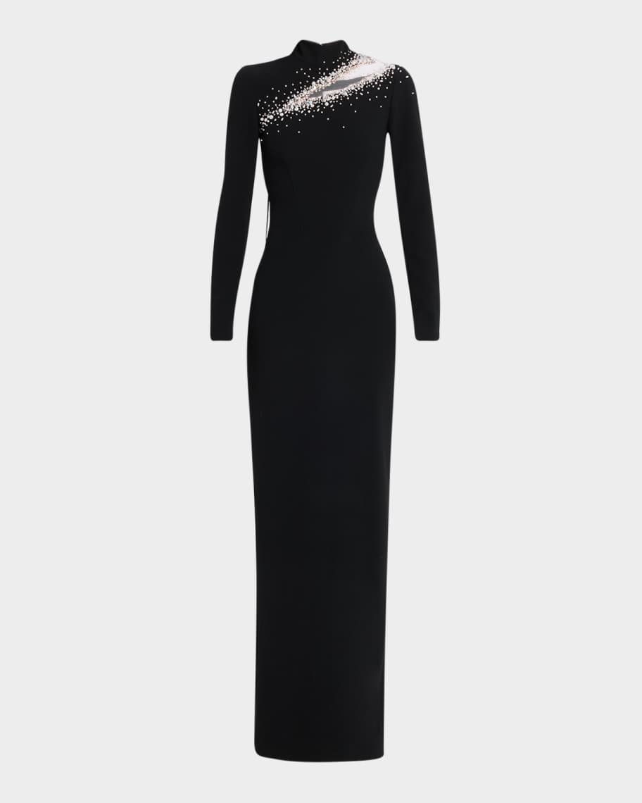 Beaded Cutout Long-Sleeve Black Crepe Gown
