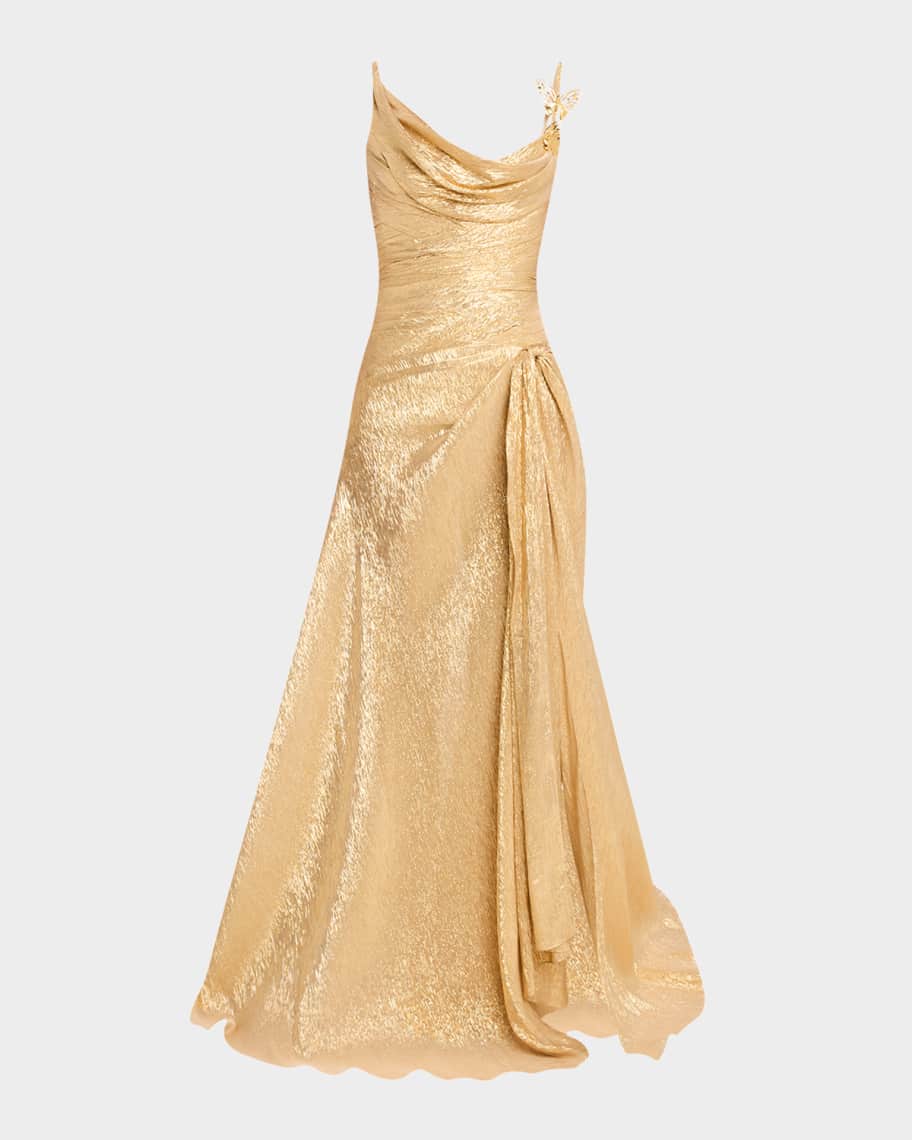 Oscar de la Renta Butterfly Cowl-Neck Lame Gown With Slit