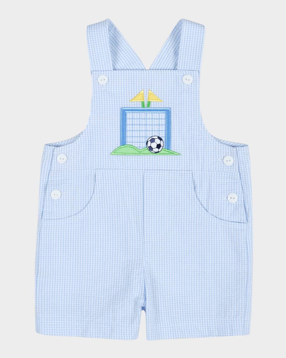 Boy's Check-Prirnt Seersucker Shortall W/ Soccer Goal, Size 3M-24M
