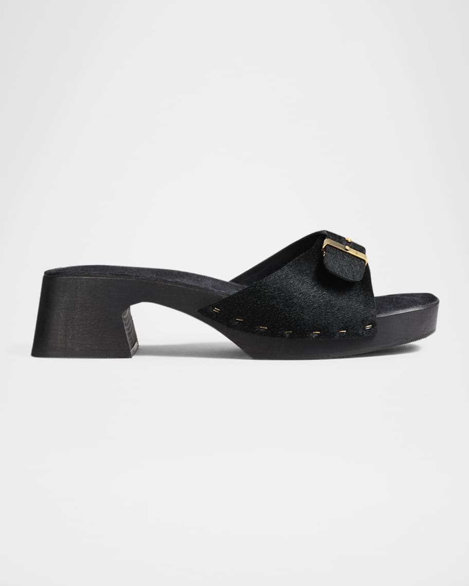Khaite Britt Pony Hair Buckle Clog Sandals 