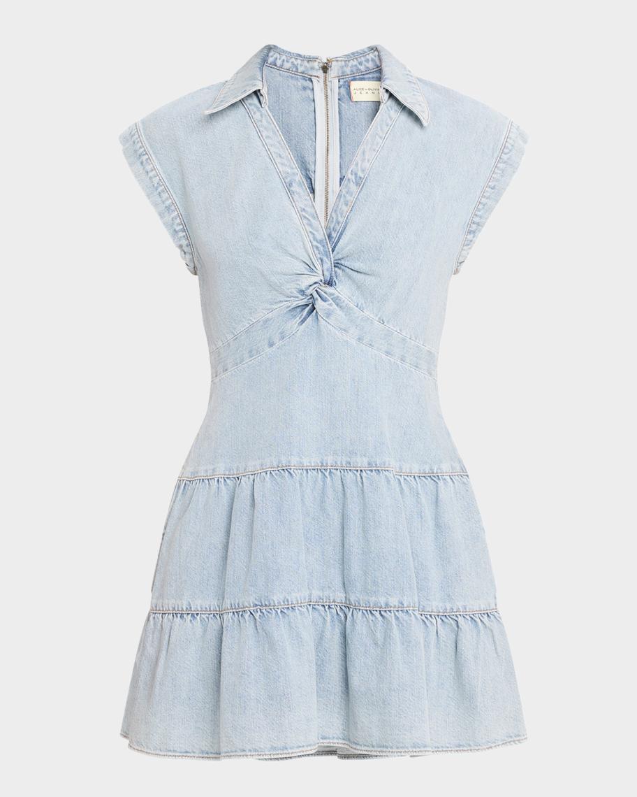 ALICE + OLIVIA Mila Deep V Twist Denim Mini Dress