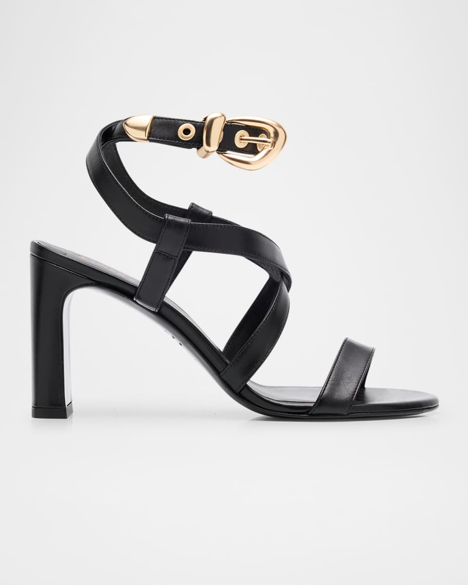 Stuart Weitzman Maven Leather Buckle Strappy Sandals