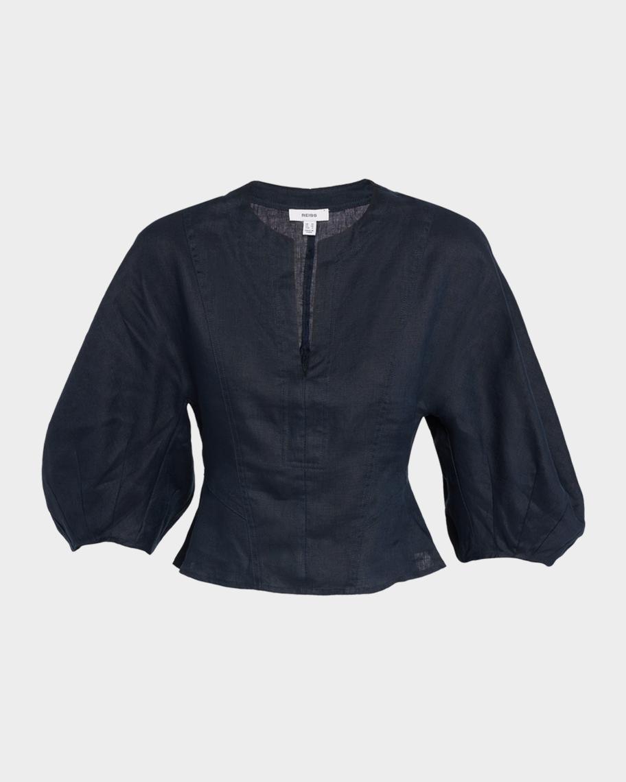 Reiss Remi Cropped Blouson-Sleeve Linen Blouse | Neiman Marcus