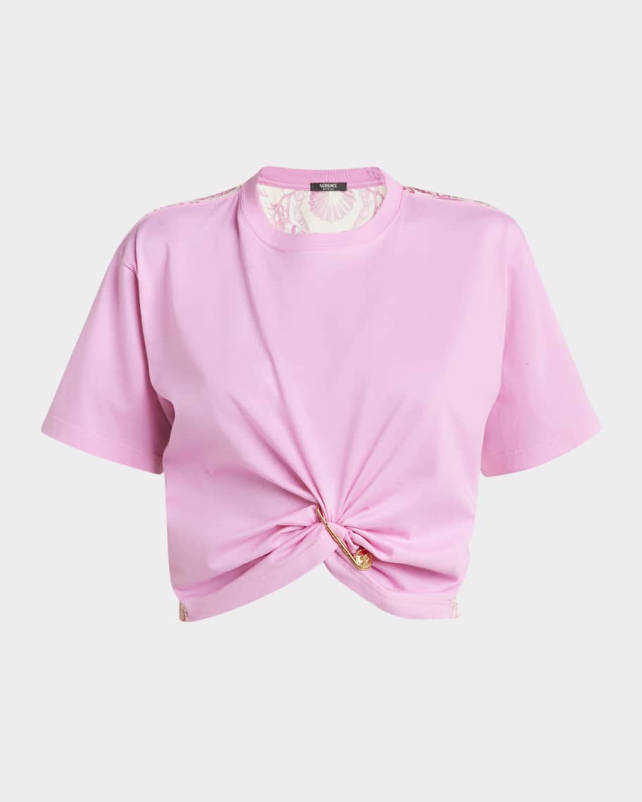 Versace Safety-Pin Twisted Crop T-Shirt With Underwater Barocco