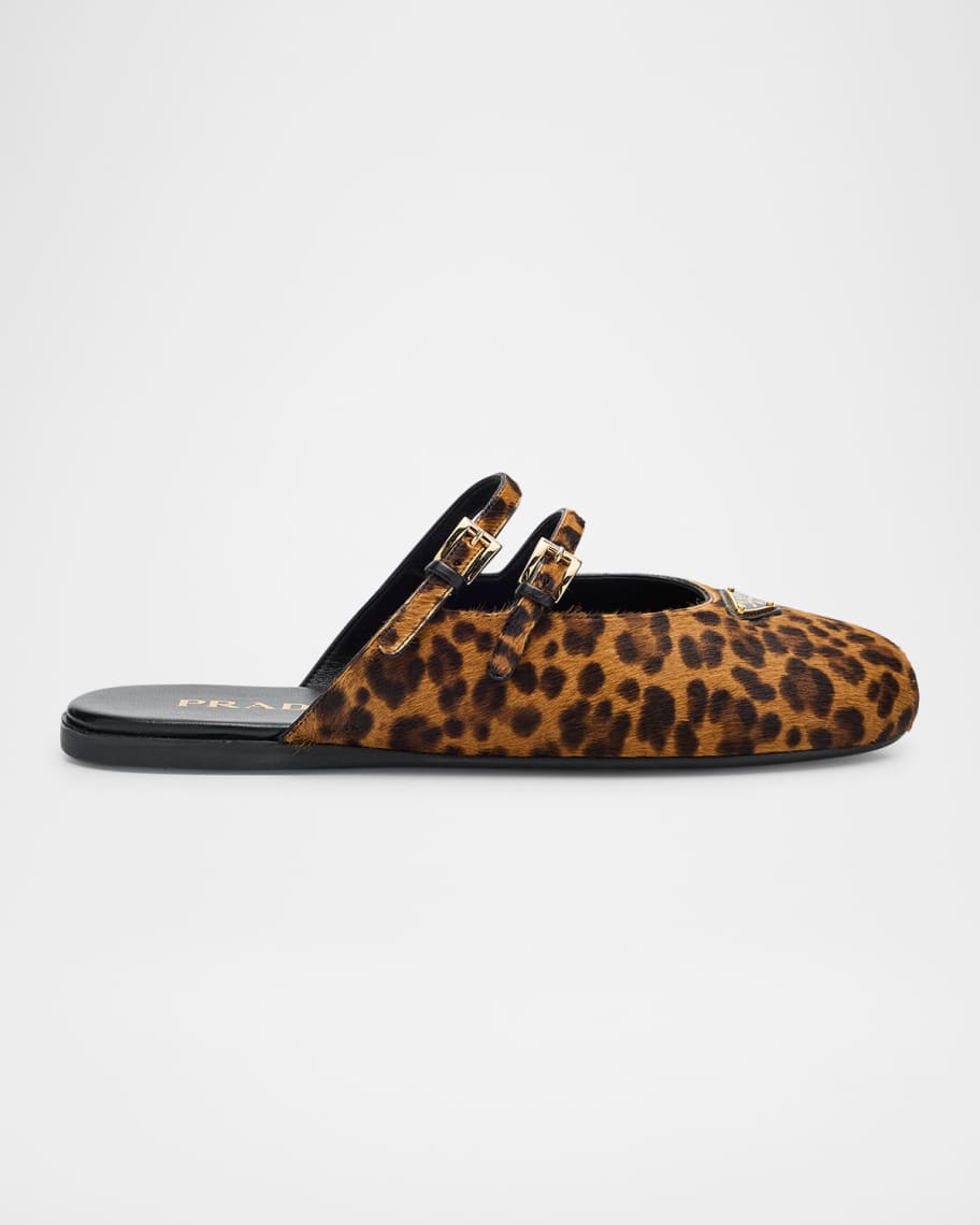 Prada Leopard-Print Pony Hair Dual Mary Jane Ballerina Mules