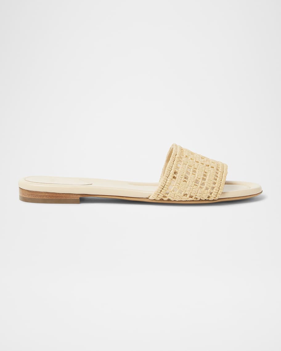 MaFu⭐︎ Fendi Sunshine FF Raffia Leather Slide Sandals | Neiman Marcus