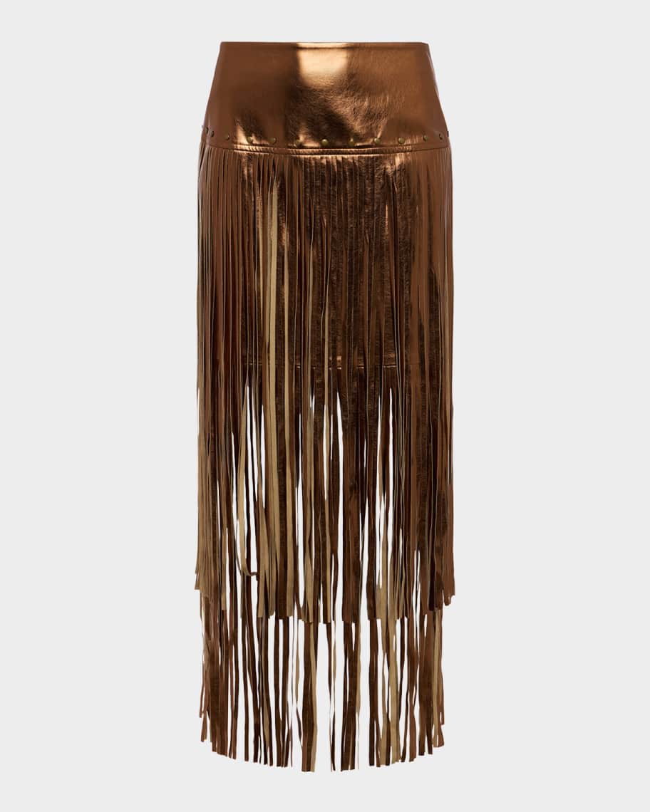 L'Agence Karolina Metallic Faux Leather Fringe Skirt | Neiman Marcus