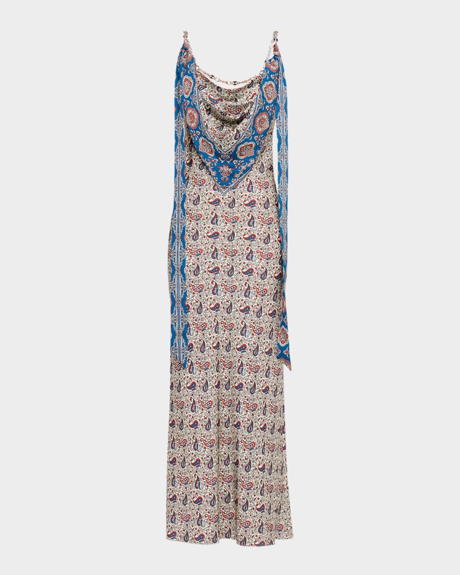 Rabanne Paisley Scarf Cowl-Neck Satin Chain Maxi Dress | Neiman Marcus