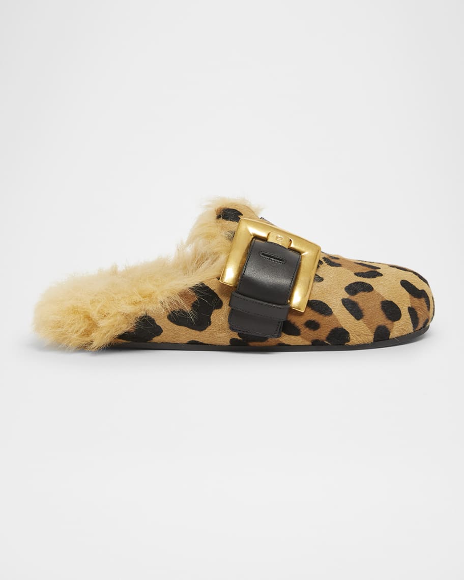 Balmain Anthem Leopard-Print Pony Faux Fur Mules | Neiman Marcus