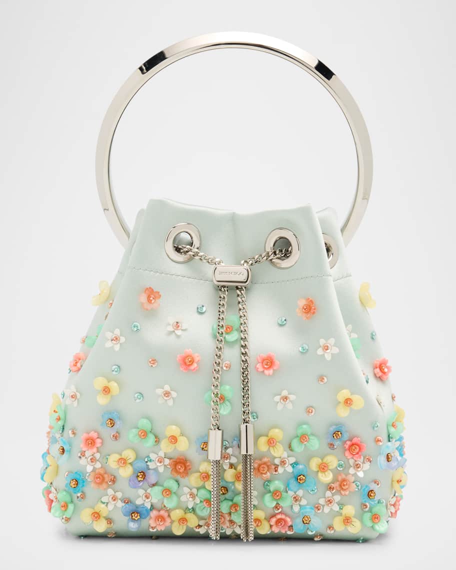 ★JIMMY CHOO★ BON BON bucket カゴバッグ【完売前に!】 Bon Bon | Black Satin Bucket Bag with Metal Flowers | JIMMY CHOO