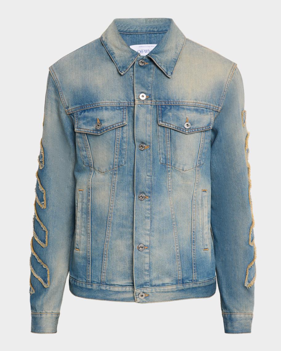 Off-White Men's Diagonal Raw Patch Denim Jacket | Neiman Marcus