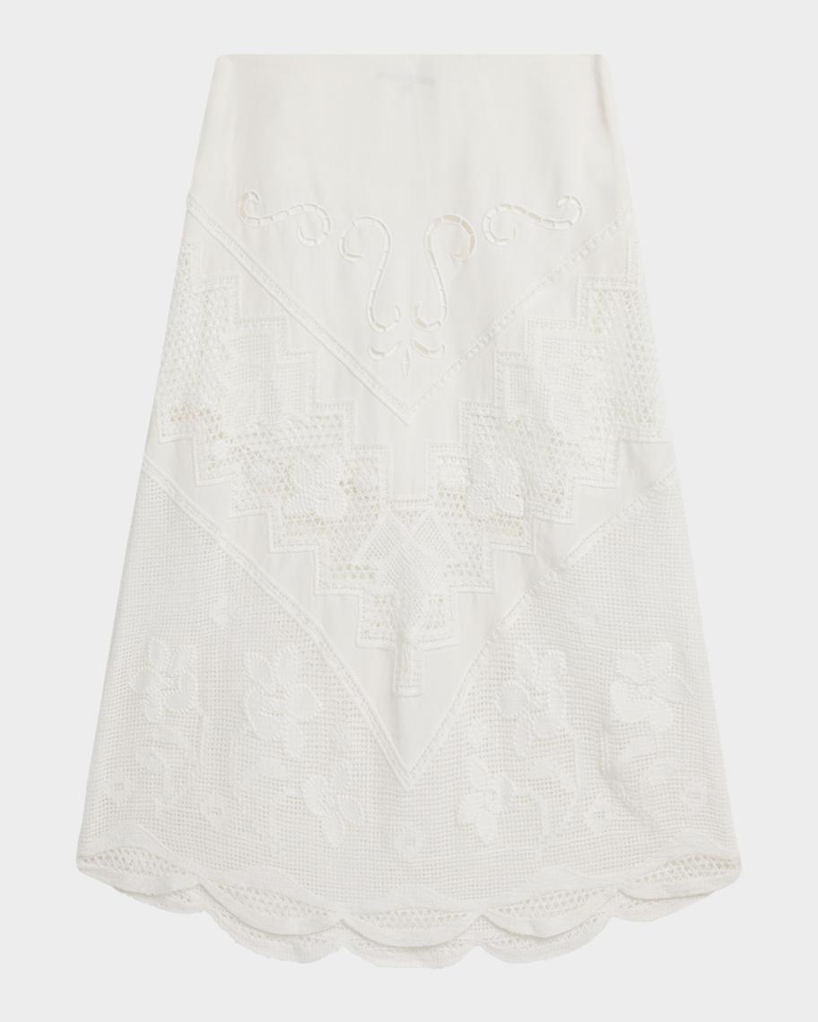 Kobi Halperin Lorelei Lace-Inset Linen Midi Skirt | Neiman Marcus