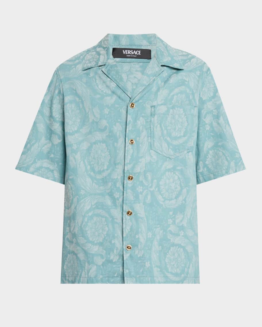 Tシャツ・カットソー VERSACE CAMICIA MC IN DENIM BAROCCO DE LA MER Versace Men's Barocco Denim Camp Shirt | Neiman Marcus
