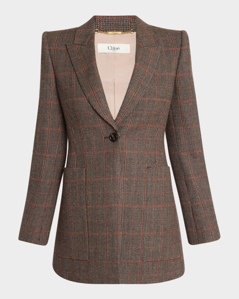 ジャケット CHLOE SINGLE-BREASTED CHECKED BROWN WOOL JACKET Chloe Plaid Single-Breasted Jacket | Neiman Marcus