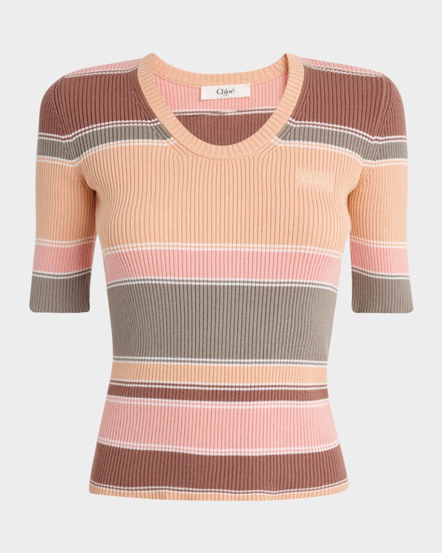 Chloe Striped Crewneck Rib Knit Cotton Top | Neiman Marcus