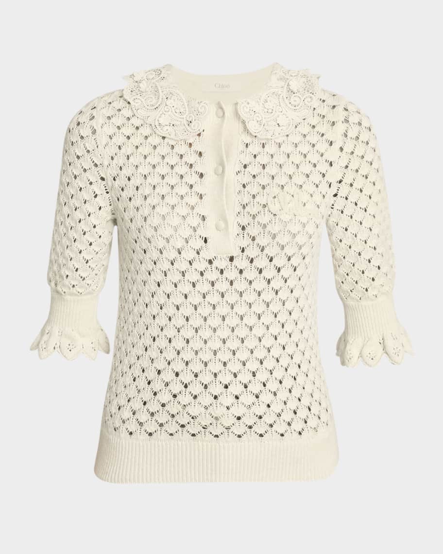 Chloe Lace-Collar Open Knit Polo Top | Neiman Marcus