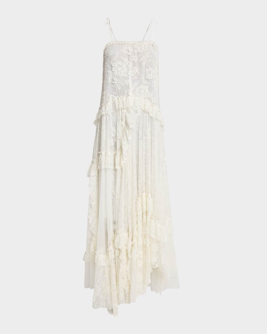 Chlo Thin-Strap Long Dress in Embroidered Lace Women's White Size 6 100% Cotton