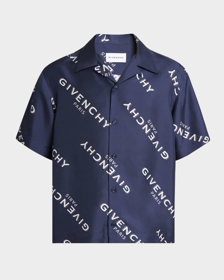Givenchy Men's Silk All-Over Logo Bowling Shirt | Neiman Marcus