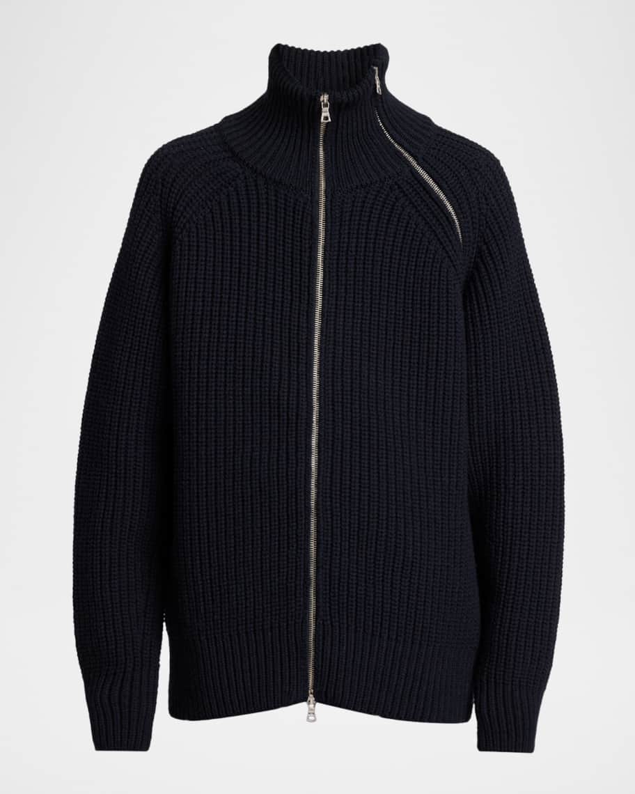 Dries Van Noten Men's Monty Wool Rib Assymetric-Zip Turtleneck