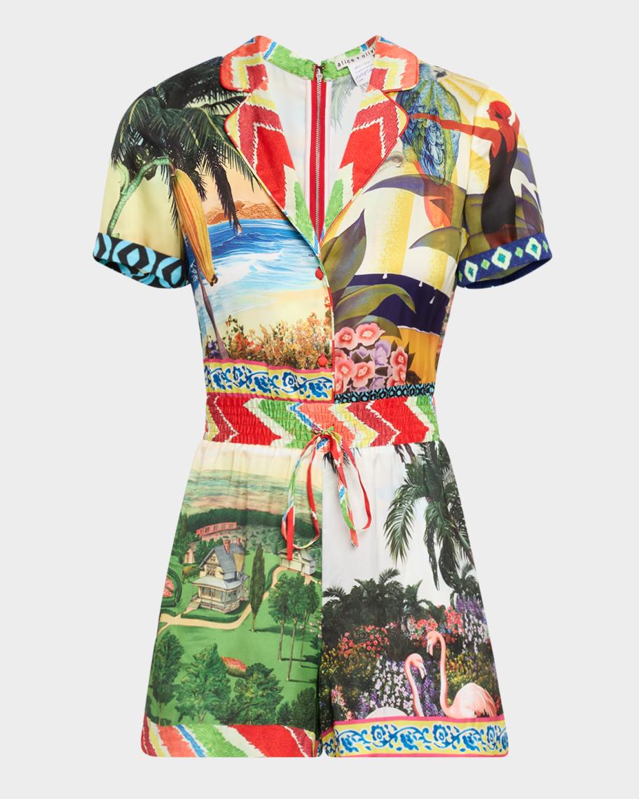 Combishort (salopette Courte) Lavish Alice Imprimé Tropical - Taille 40, épaules Drapées, Occasion Très Bon état