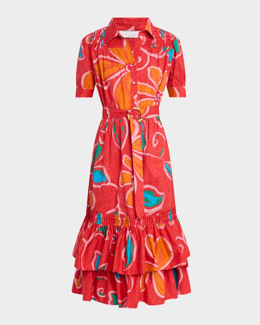 Elie Tahari The Suki Floral-Print Ruffle Tiered Midi Dress | Neiman Marcus