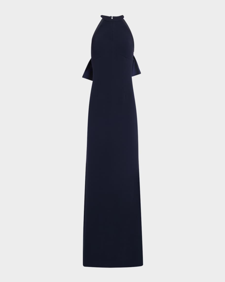 Rickie Freeman for Teri Jon Bow-Back Crepe Halter Column Gown