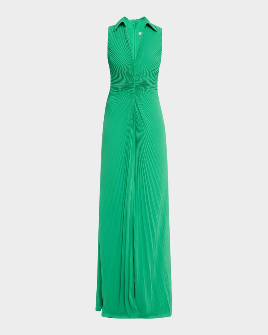 Badgley Mischka Collection Sleeveless Pleated Shirt-Collar Gown
