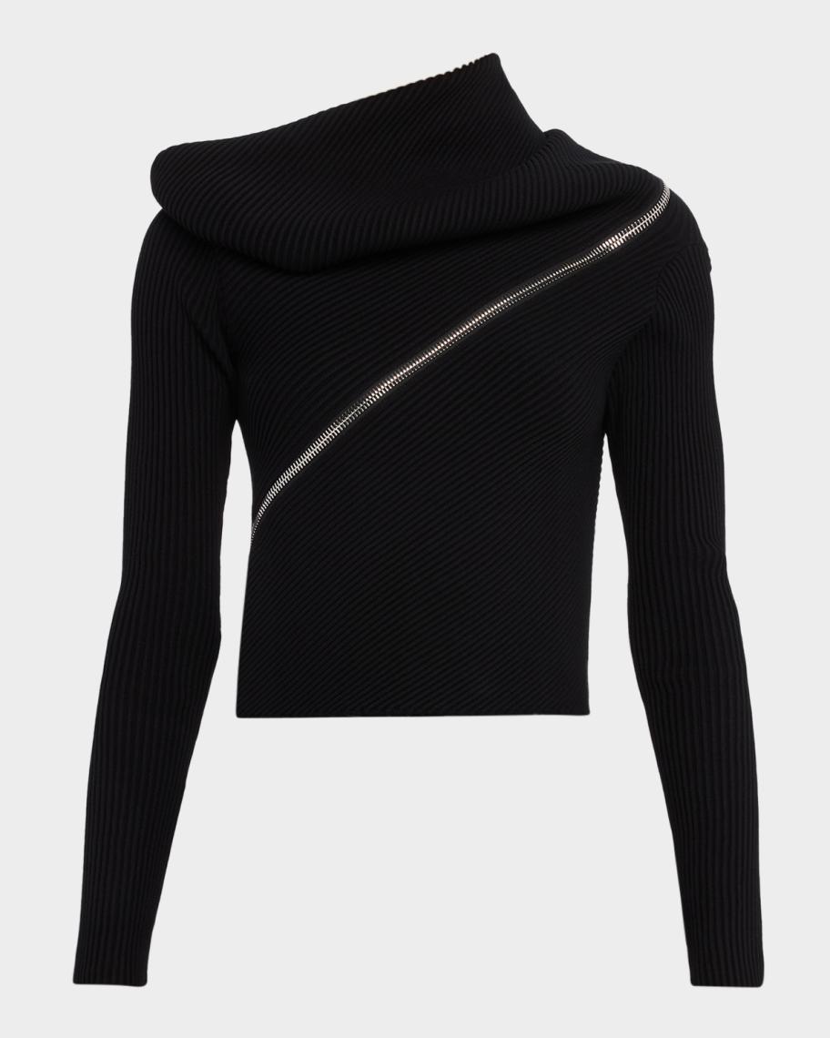 Jean Paul Gaultier Spiral Zipped Cowl-Neck Rib Crop Sweater