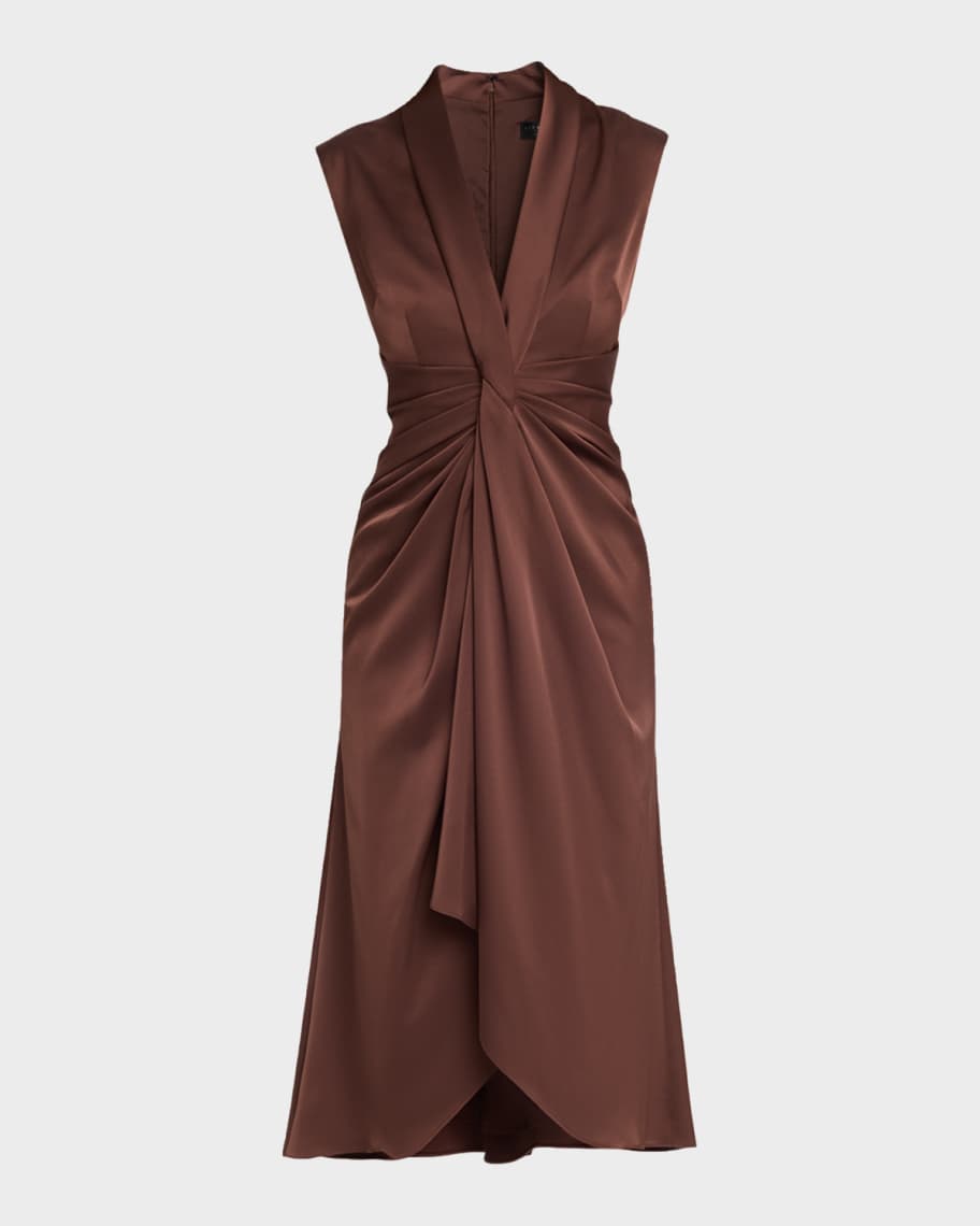 Aidan Mattox Sleeveless Pleated Twist-Front Midi Dress | Neiman Marcus