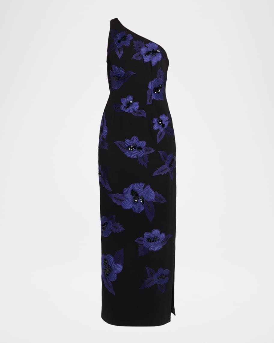 Aidan Mattox One-Shoulder Beaded Applique Column Gown | Neiman Marcus