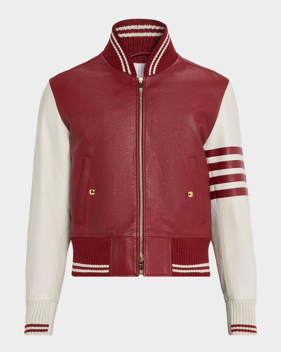Thom Browne Men's Striped Leather Varsity Jacket | Neiman Marcus