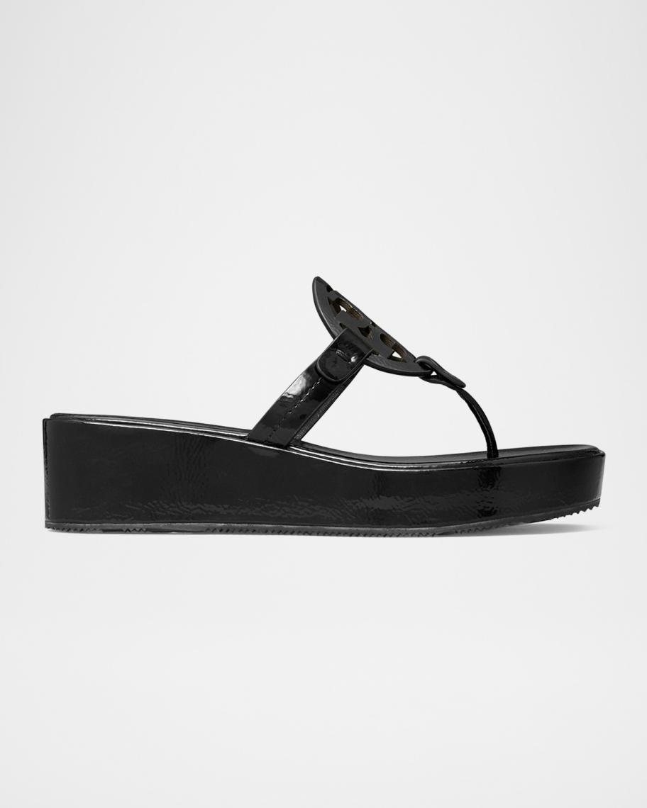 Tory Burch Miller Patent Leather Logo Wedge Thong Sandals | Neiman