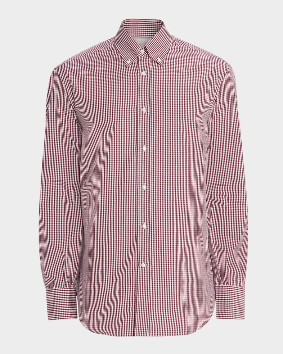 Brunello Cucinelli Men's Micro-Gingham Button-Collar Sport
