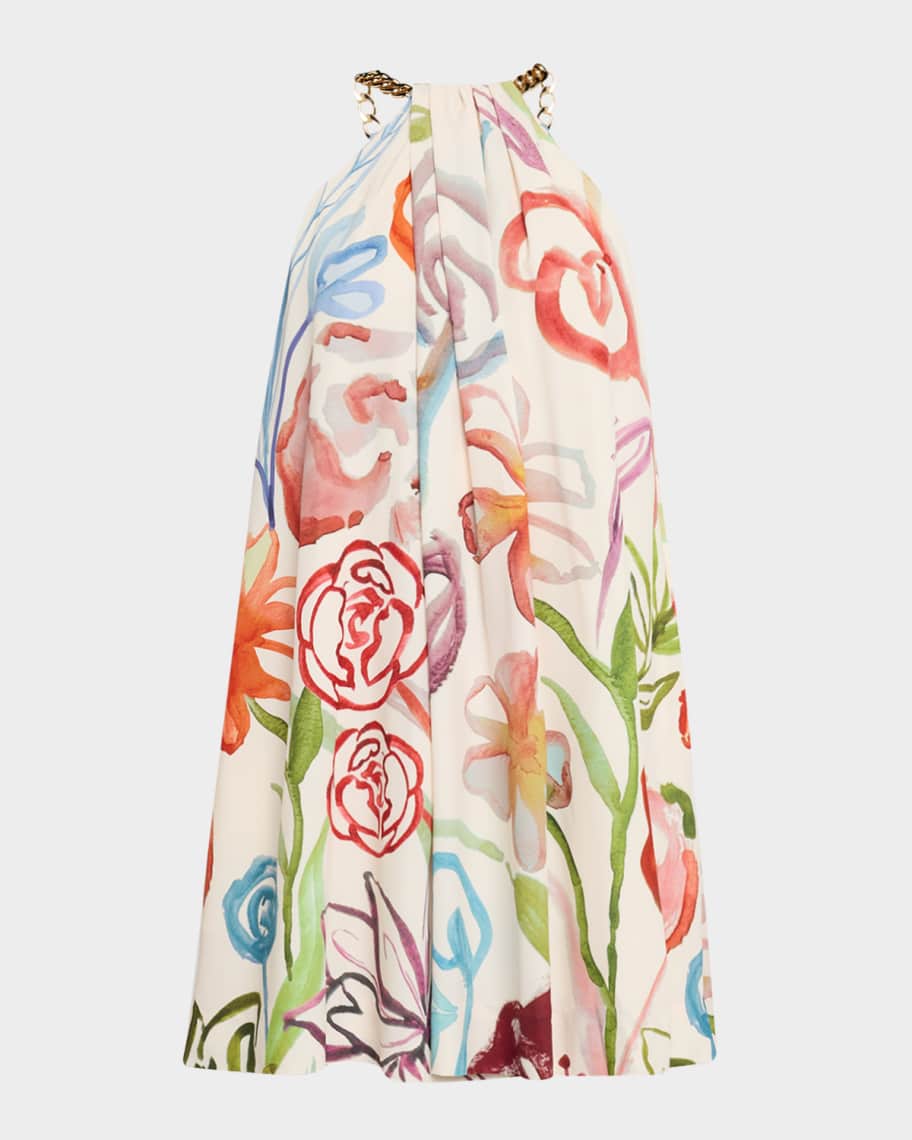 Bijou Draped Floral-Print Halter Mini Dress