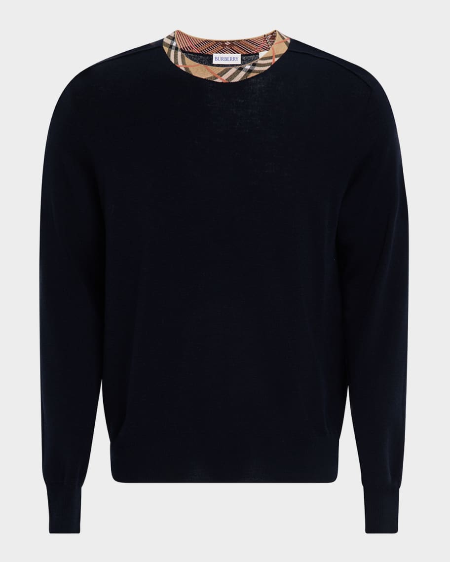 Burberry Men's Wool Knit Check-Trim Crewneck Sweater | Neiman Marcus