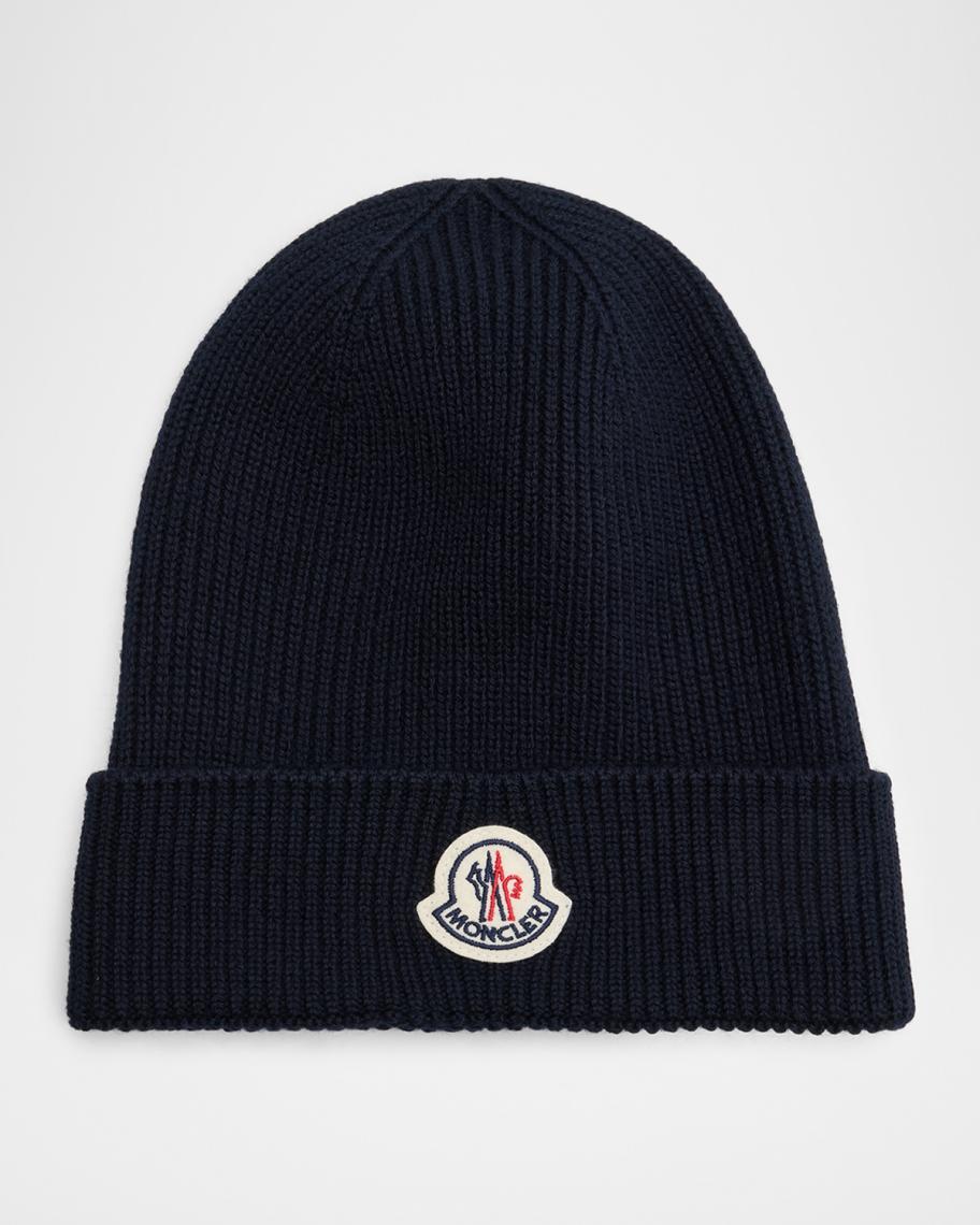 Moncler Men's Ribbed Wool Logo Beanie Hat | Neiman Marcus