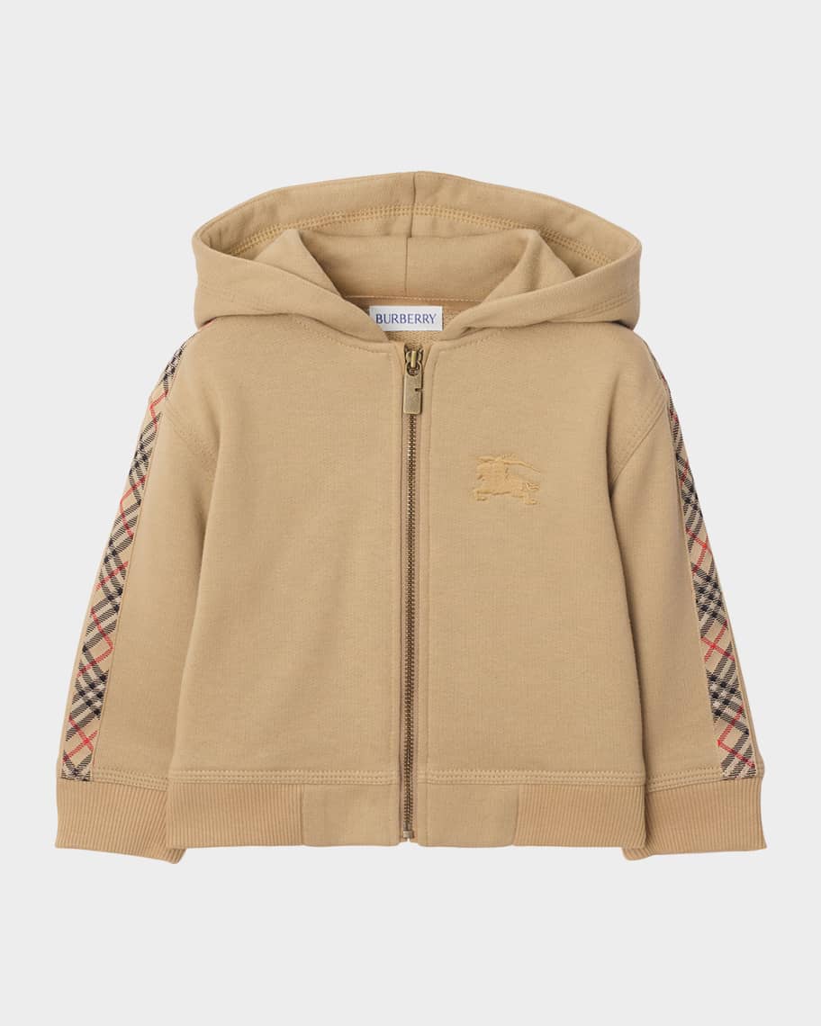 Burberry Kid's Clyde Check Tape Zip-Front Hoodie, Size 6M-2