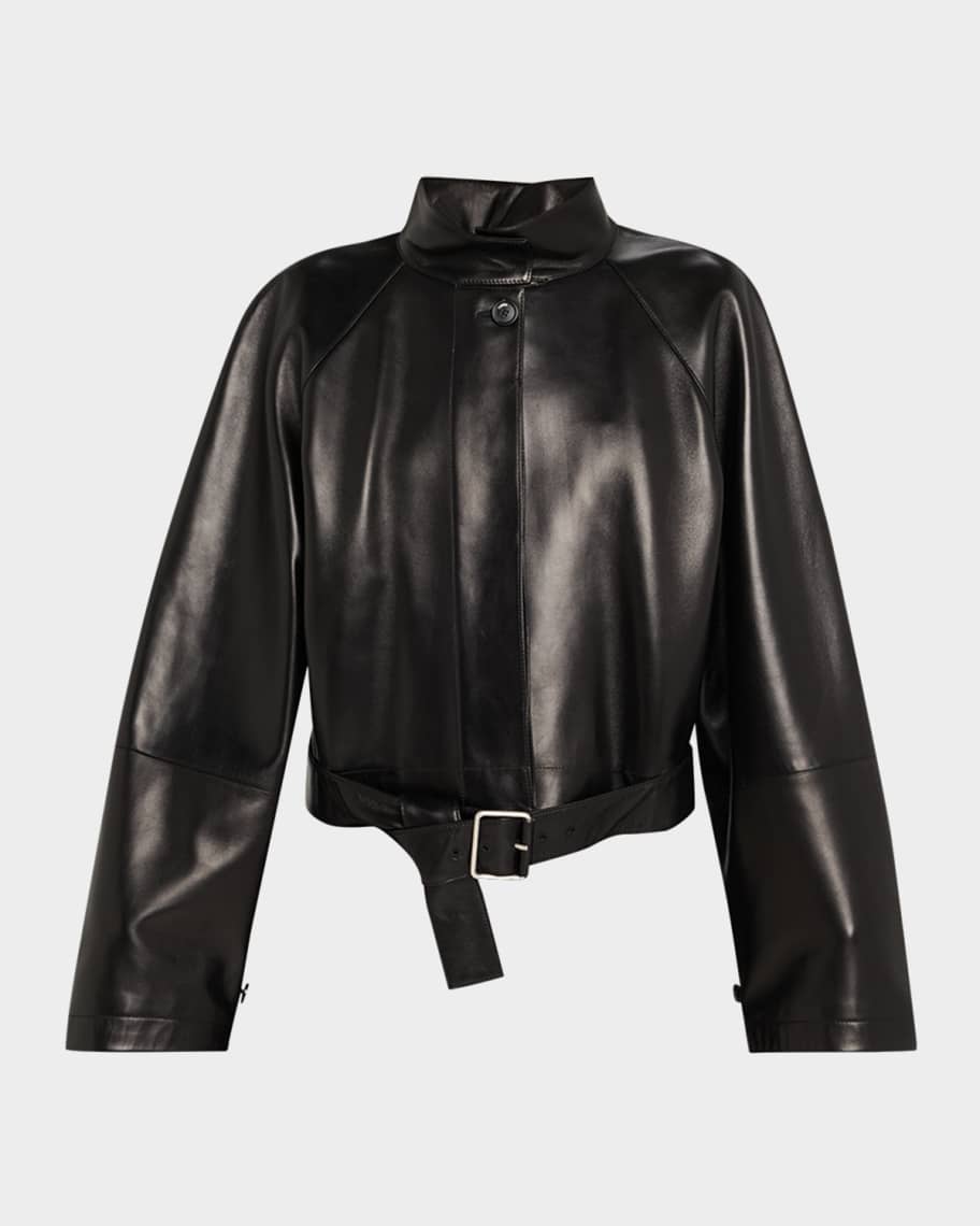 Loewe High-Neck Leather Belted Crop Trench Jacket | Neiman