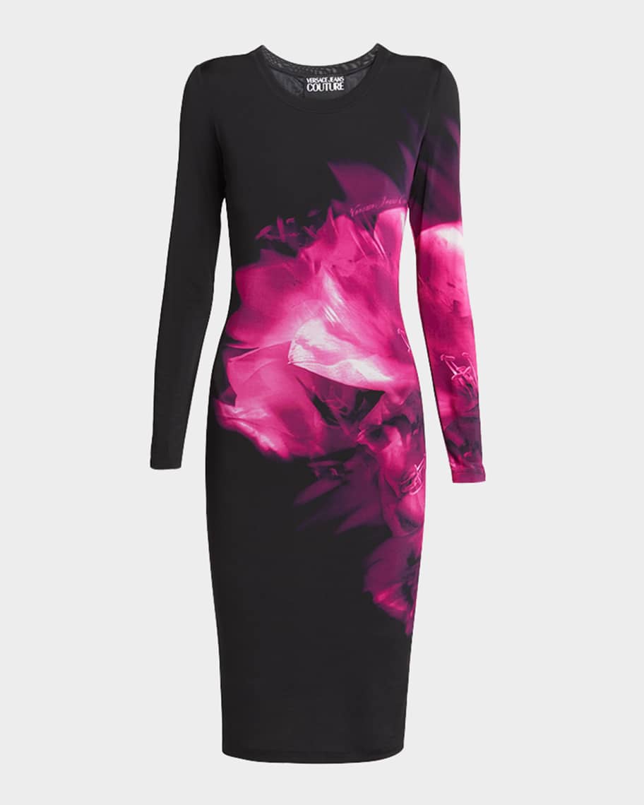 versace exclusive multicolor floral turtleneck long sleeve dress Versace Jeans Couture Baroque Long-Sleeve Maxi Dress