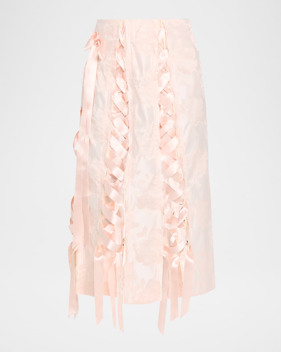 Simone Rocha Unraveling Ribbon Floral Brocade Midi Skirt | Neiman