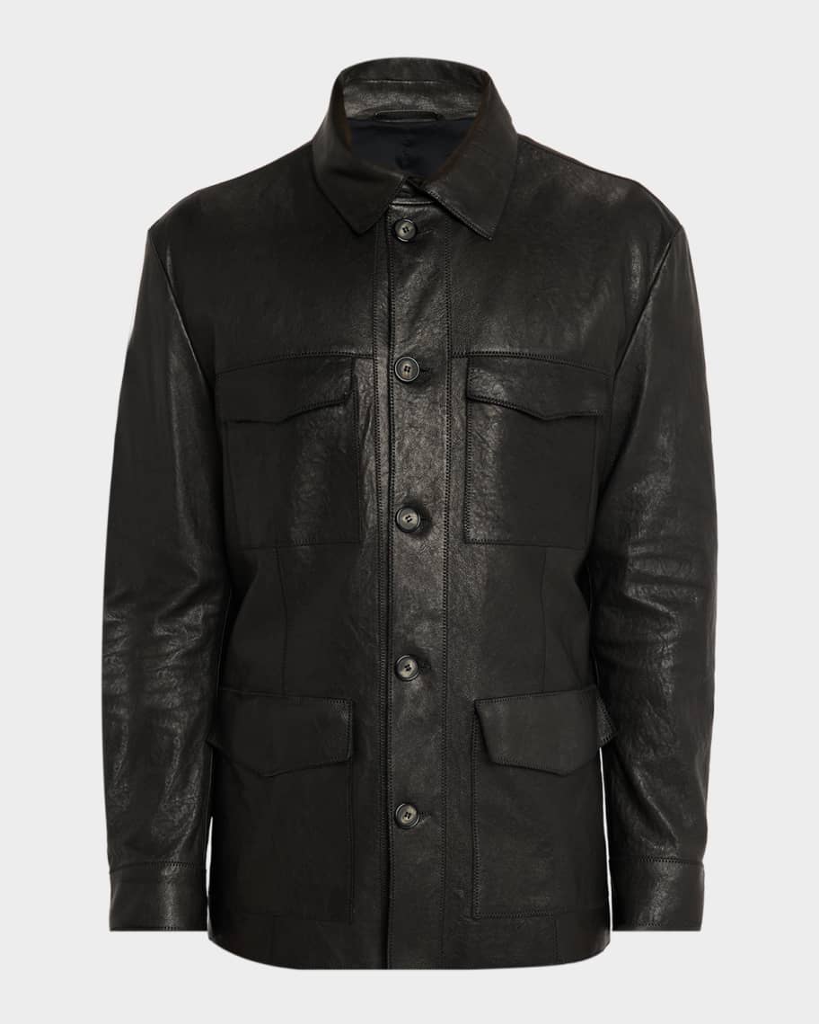 GIORGIO ARMANI ASG06P 羊革 ラムレザーシャツジャケット Giorgio Armani Men's Nappa Leather Safari Jacket | Neiman Marcus