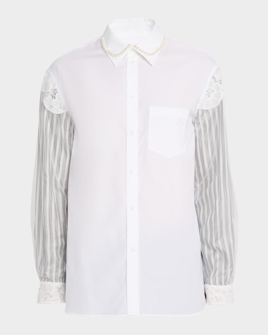 Simone Rocha Men's Trapped Lace Patchwork Button-Down Shirt | Neiman Marcus