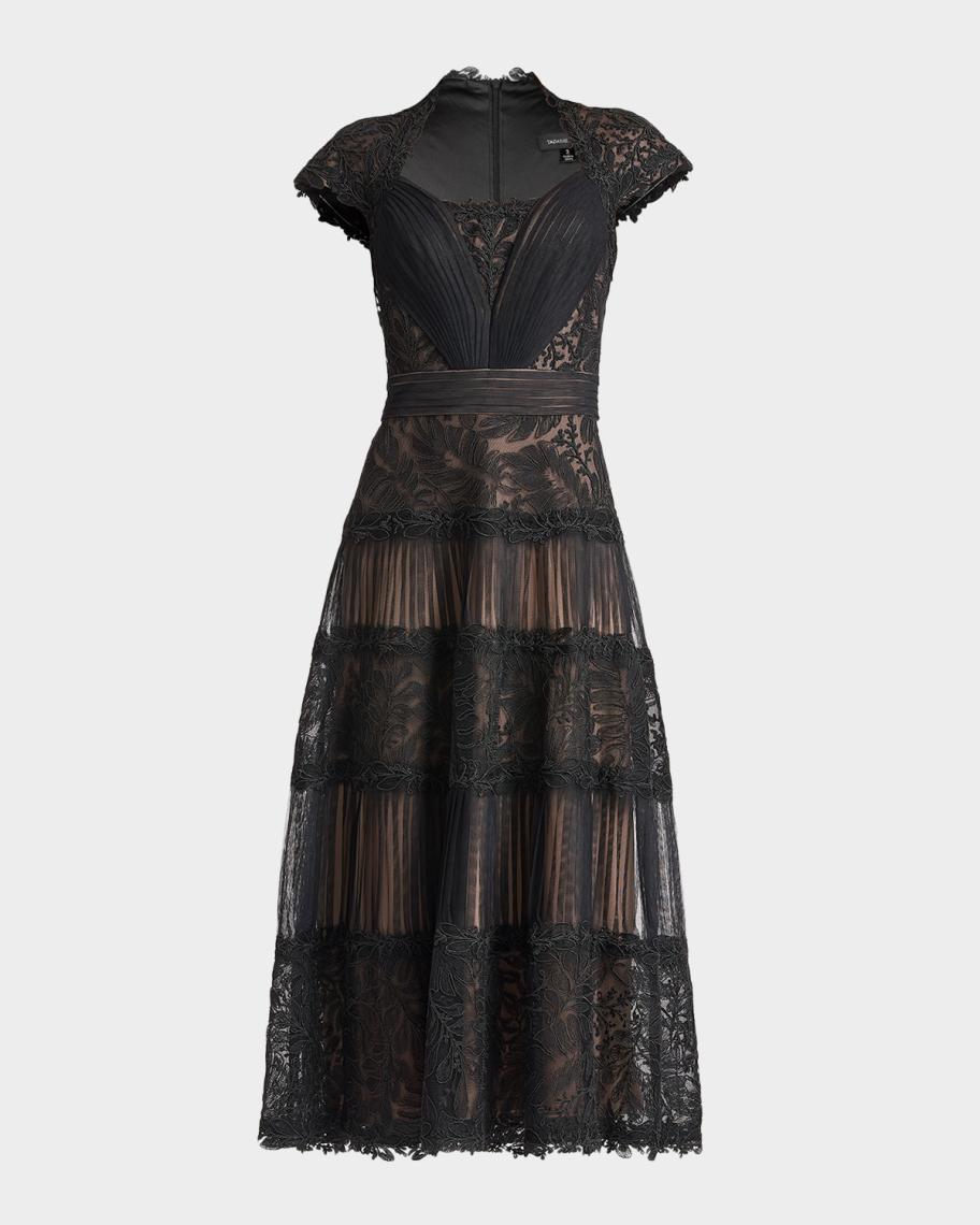 Tadashi Shoji Pleated Mesh & Textured Lace Midi Dress | Neiman Marcus