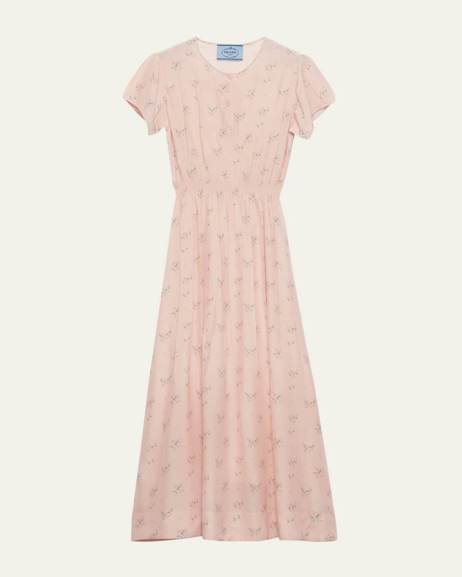 Prada Flower-Print Silk Ponge Short-Sleeve Midi Dress | Neiman Marcus