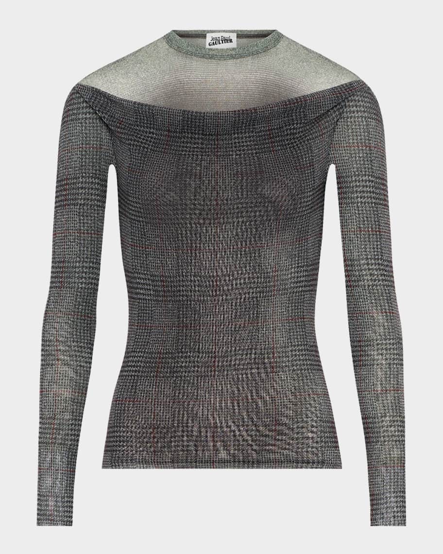 Jean Paul Gaultier Check Layered Mesh Long-Sleeve Top | Neiman Marcus