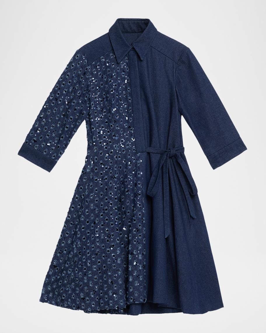 Talbot Runhof Paillette Distressed Denim Mini Shirtdress | Neiman Marcus