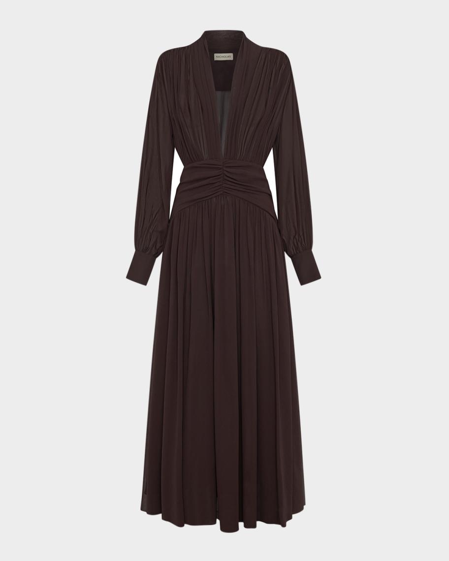 jocelyn maxi dress in ivory nicholas Ruched Deep V-Neck Gown V neck