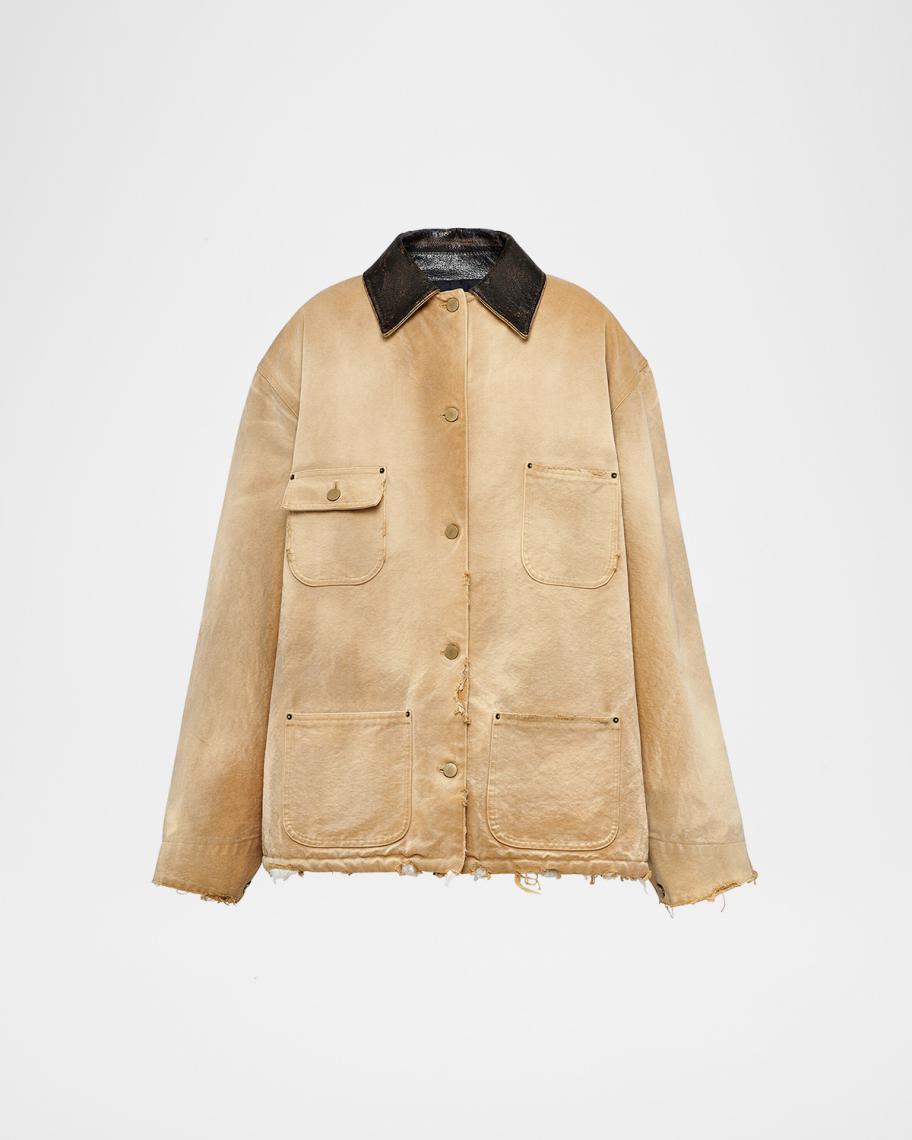 Prada Leather Collar Old Canvas Oversized Jacket | Neiman Marcus