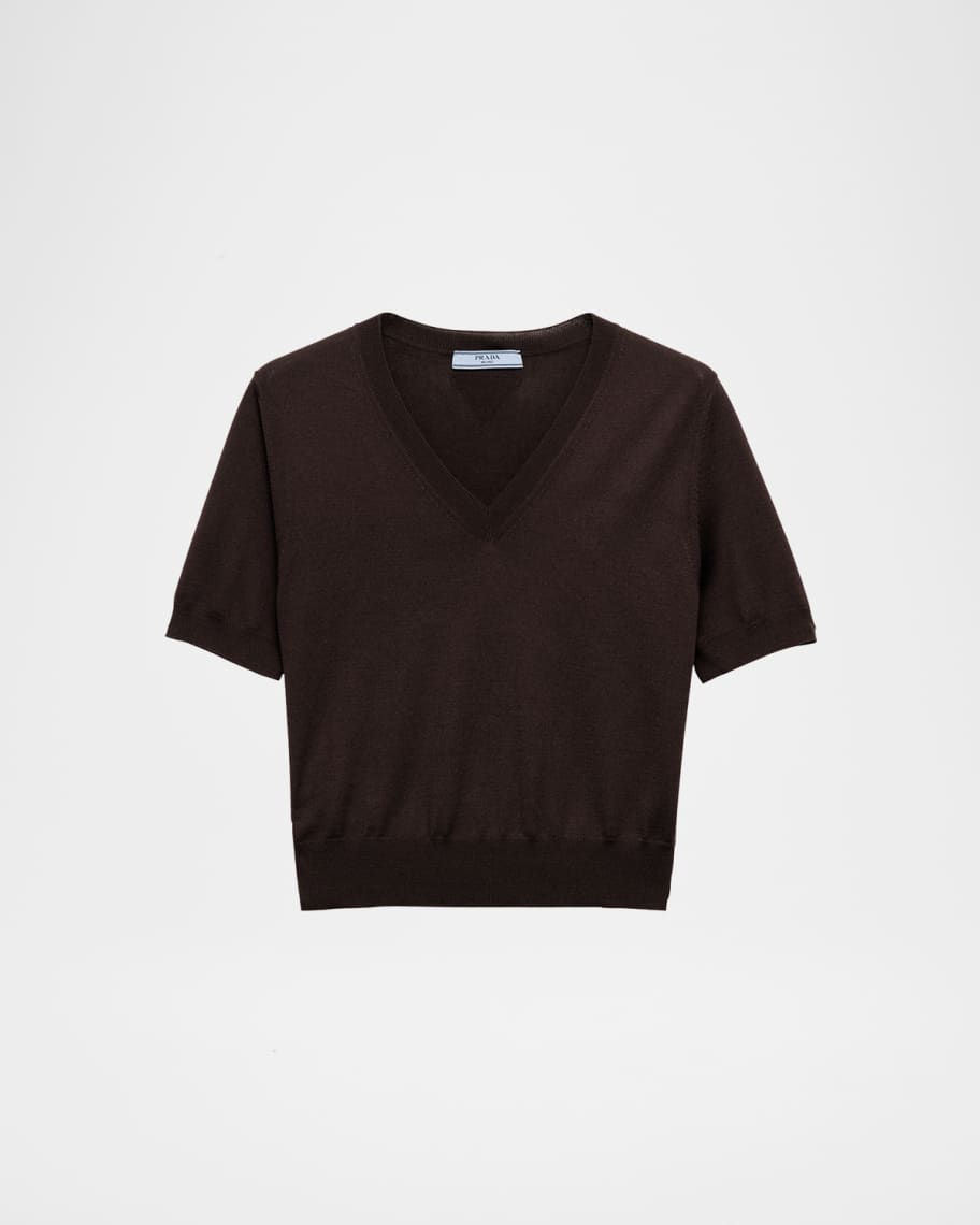 Prada V-Neck Short Sleeve Boxy Wool Sweater | Neiman Marcus